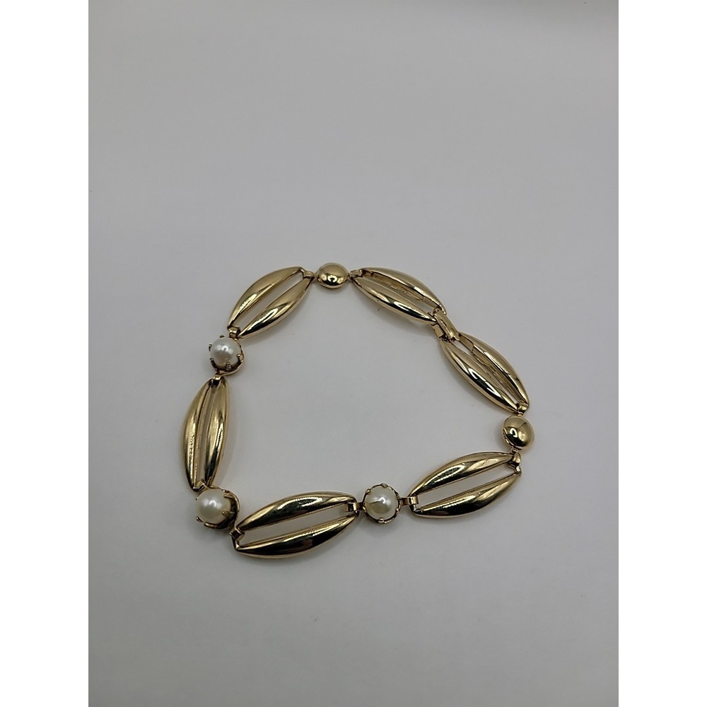Vintage Mid Century Gold Tone Faux‎ Pearl White Bracelet Jewelry Costume